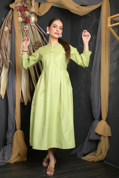 OWO THE LABEL Full Sleeve Women Dress Light Green Front Button Pattern Long Dress (OTL-DRS1088)